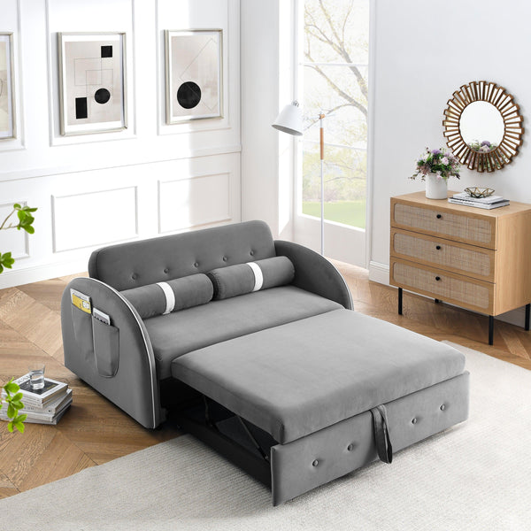 Modern 55.5" Pull Out Sleep Sofa Bed 2 Seater Loveseats Sofa Couch with side pockets, Adjsutable Backrest and Lumbar Pillows for Apartment Office Living Room image