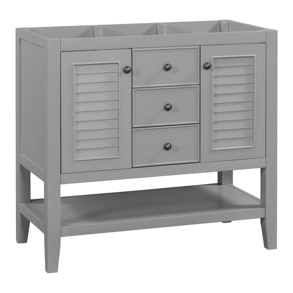 36" Bathroom Vanity without Sink, Cabinet Base Only, Two Cabinets and Drawers, Open Shelf, Solid Wood Frame, Grey image