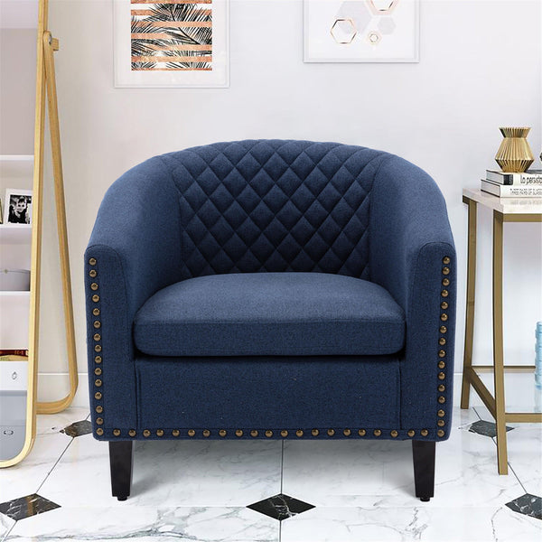 accent Barrel chair living room chair with nailheads and solid wood legs  Black  Navy  Linen image