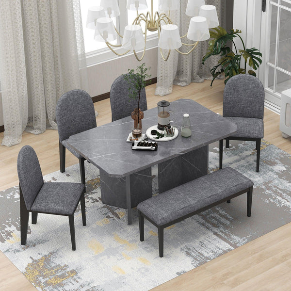 6-PieceModern Style Dining Set with Faux Marble Table and 4 Upholstered Dining Chairs & 1 Bench (Gray) image