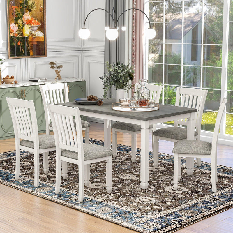 7 Piece Dining Table Set Wood Dining Table and 6 Upholstered Chairs with Shaped Legs for Dining Room Living Room Furniture Gray White Urban Living Furniture Los Angeles CA