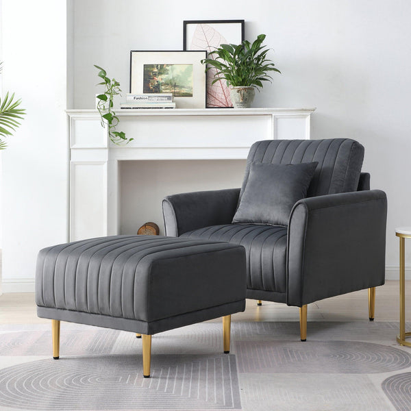 Accent Arm Chair With Ottoman Set,Modern Home Leisure Chair with Footrest, Armchair Single Sofa, Reading Chair with Metal Legs for Living Room Bedroom Grey Velvet image