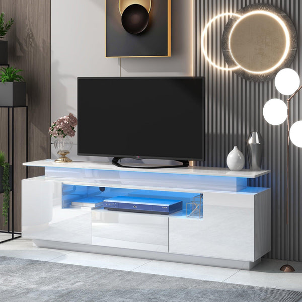 Modern, Stylish Functional TV stand with Color Changing LED Lights, Universal Entertainment Center, High Gloss TV Cabinet for 75+ inch TV, White image