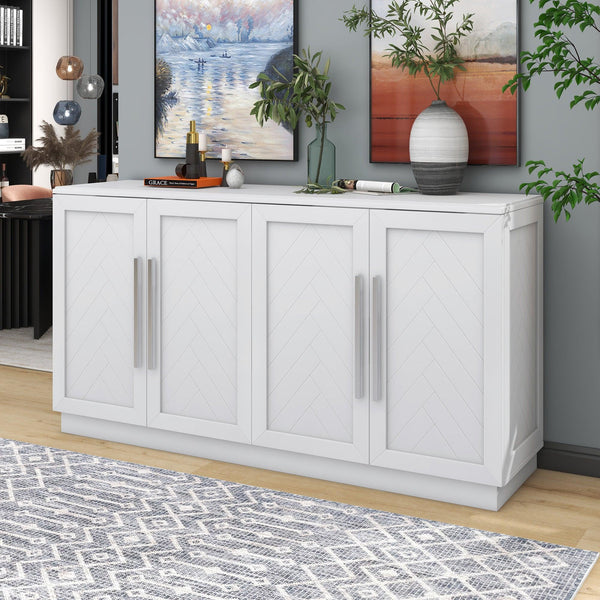 Sideboard with 4 Doors LargeStorage Space Buffet Cabinet with Adjustable Shelves and Silver Handles for Kitchen, Dining Room, Living Room (White) image