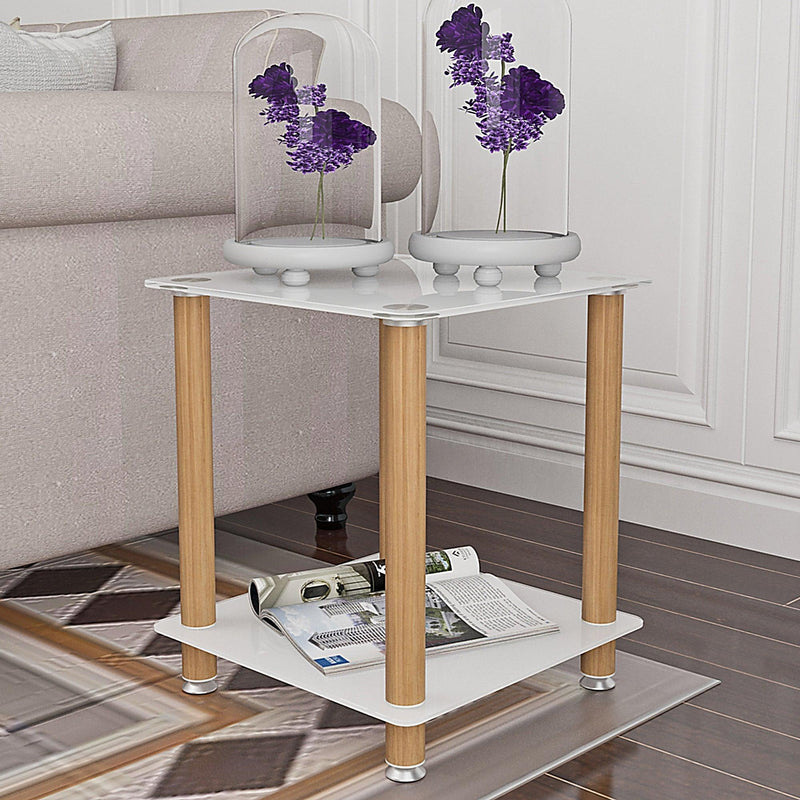 1-Piece White+Oak Side Table , 2-Tier Space End Table ,Modern Night Stand, Sofa table, Side Table withStorage Shelve image