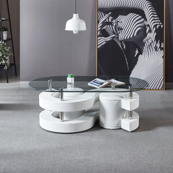 3 Pieces Coffee Table Set, Oval 10mm/0.39" Thick Tempered Glass Table and 2 Leather Stools image