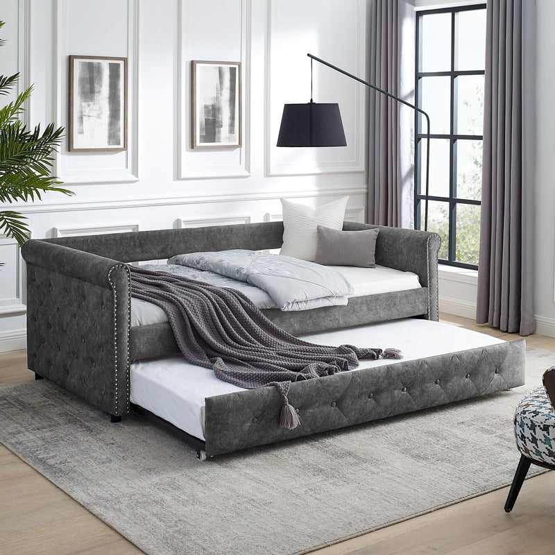 Daybed with Trundle Upholstered Tufted Sofa Bed, with Button and Copper Nail on Arms，both Twin Size, Grey（85.5“x42”x30.5“） image