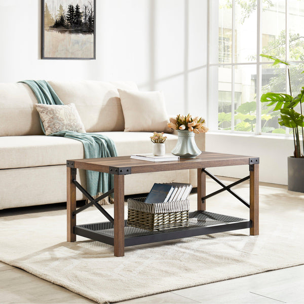 38.82" Farmhouse Coffee Table, 2-Tier Cocktail Table, Center Table with Mesh Shelf, Steel Frame, Corner Protection, Industrial Style, Long Table For Living Room, Brown image