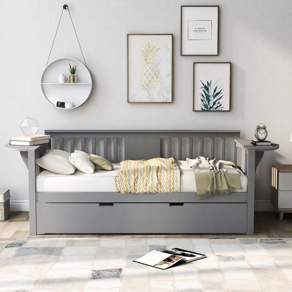 Twin Wooden Daybed with Trundle Bed  , Sofa Bed for Bedroom Living Room, Gray image