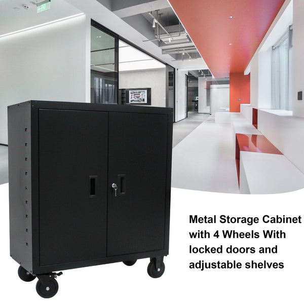 MetalStorage Cabinet with Locking Doors and One  Adjustable Shelves With 4 Wheels image