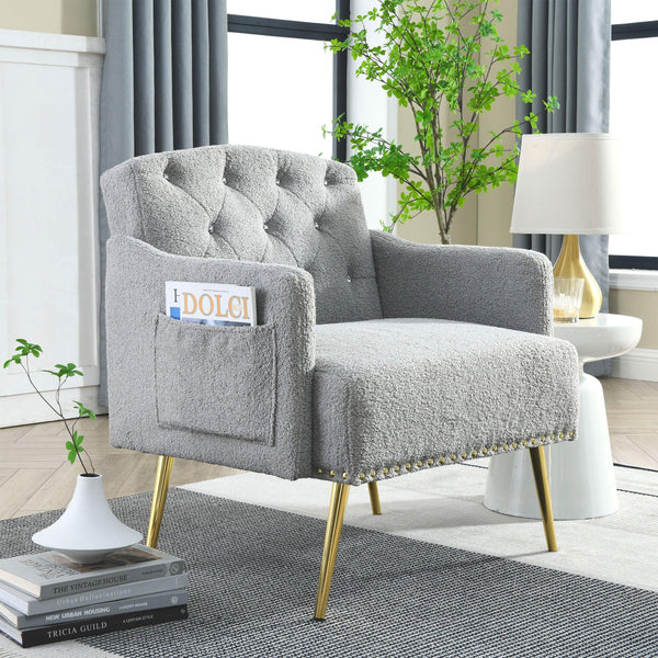 30 "WModern Chesterfield Tufted Upholstered Chair with Deep Buttons, Living Room Chair, Comfortable Armchair, Gold Hardware Legs, Tufted Chair for Reading or Relaxing, GREY TEDDY image