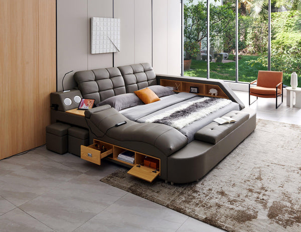 Multifunctional UpholsteredStorage Bed Frame, Massage Chaise Lounge on Left, King Size, Grey image