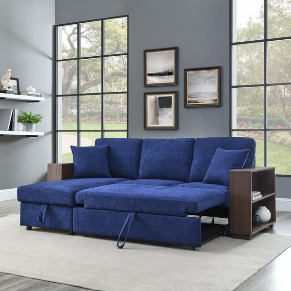 Sectional Sofa with Pulled Out Bed, 2 Seats Sofa and Reversible Chaise withStorage, MDF Shelf Armrest, Two Pillows, Navy Blue, (88" x52" x 34") image